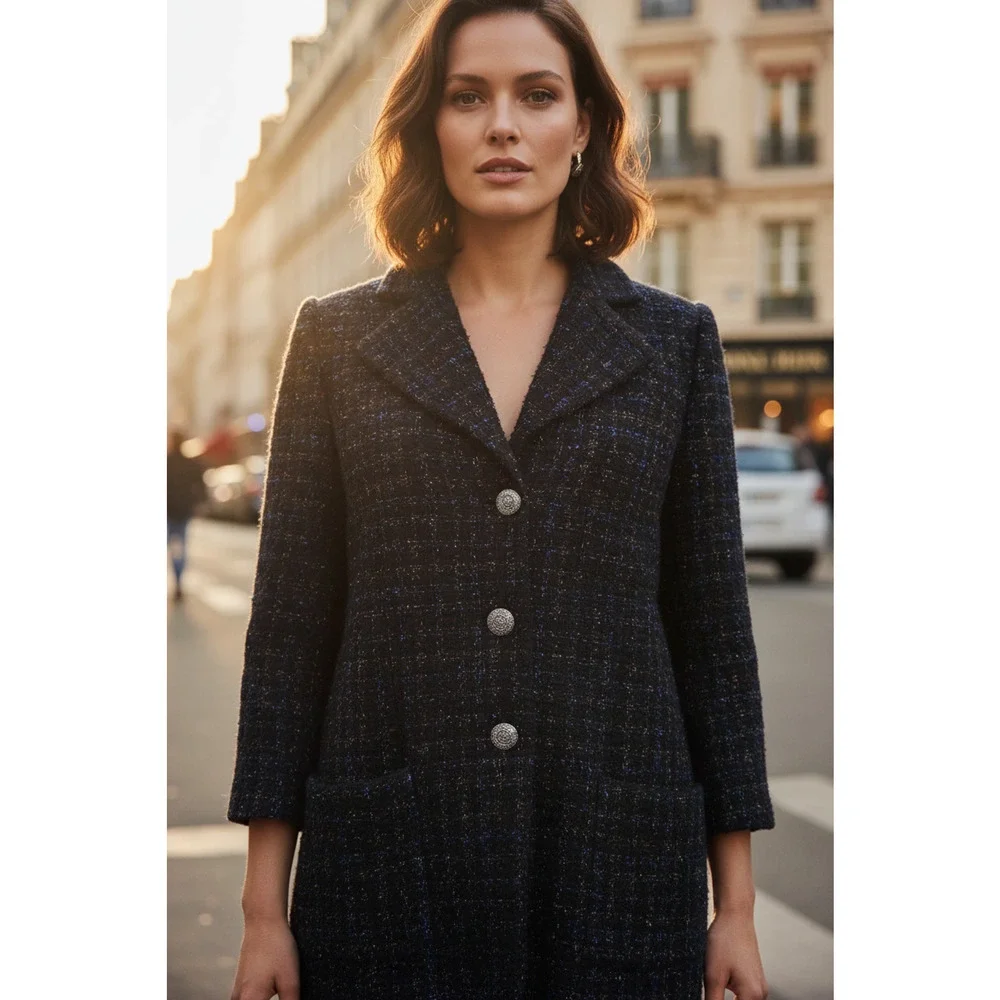 CHANEL Size 18 Black Navy Cotton Blend Shiny 3/4 Sleeves Coat